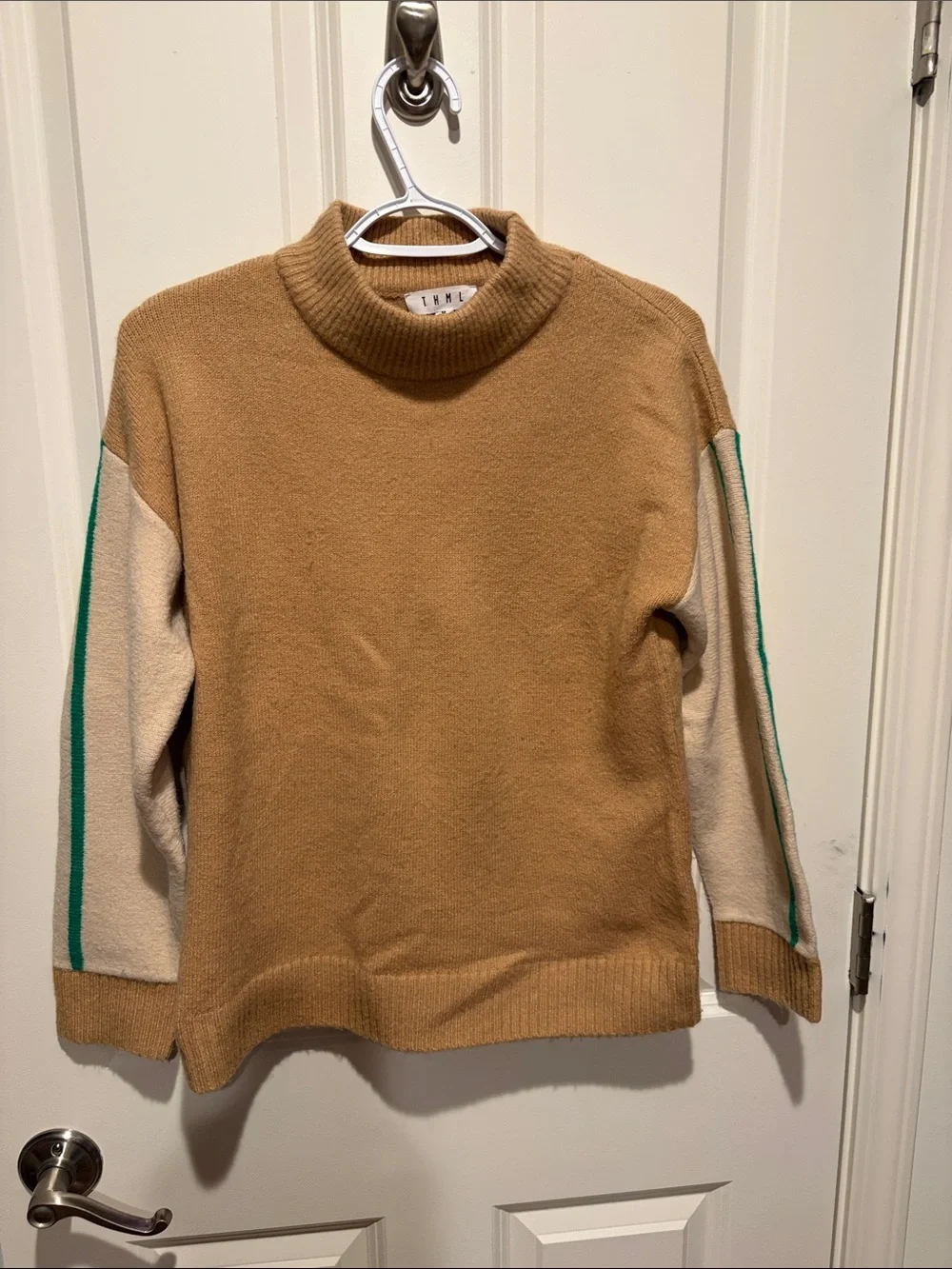 Camel Crewneck Sweater with Cream Sleeves and Green Stripe